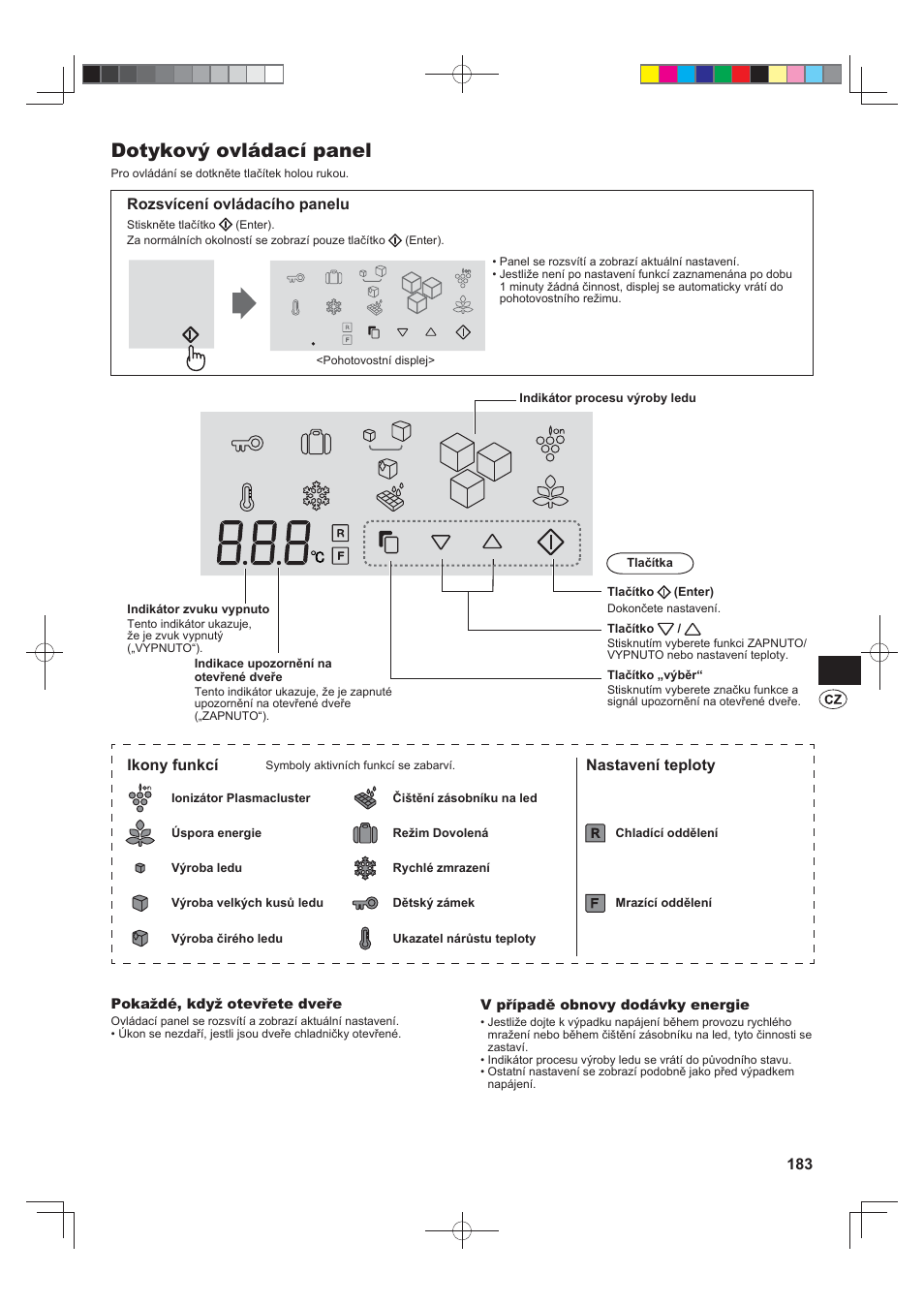 Dotykový ovládací panel, Rozsvícení ovládacího panelu, Ikony funkcí | Nastavení teploty | Sharp SJ-FS820VSL User Manual | Page 183 / 308