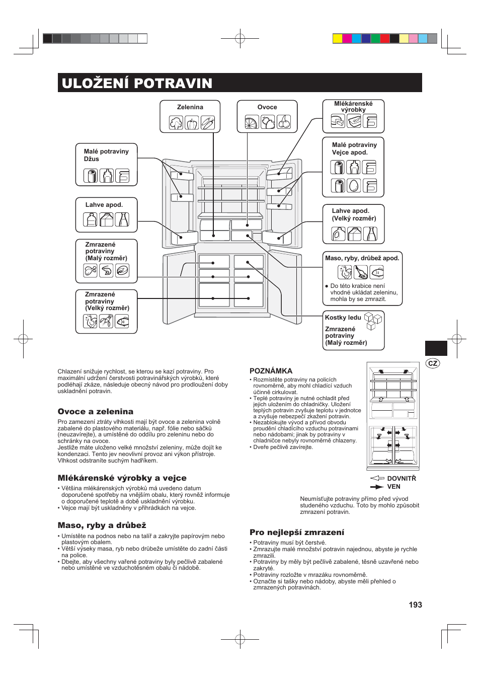 Uložení potravin, Ovoce a zelenina, Mlékárenské výrobky a vejce | Maso, ryby a drůbež, Pro nejlepší zmrazení | Sharp SJ-FS820VSL User Manual | Page 193 / 308