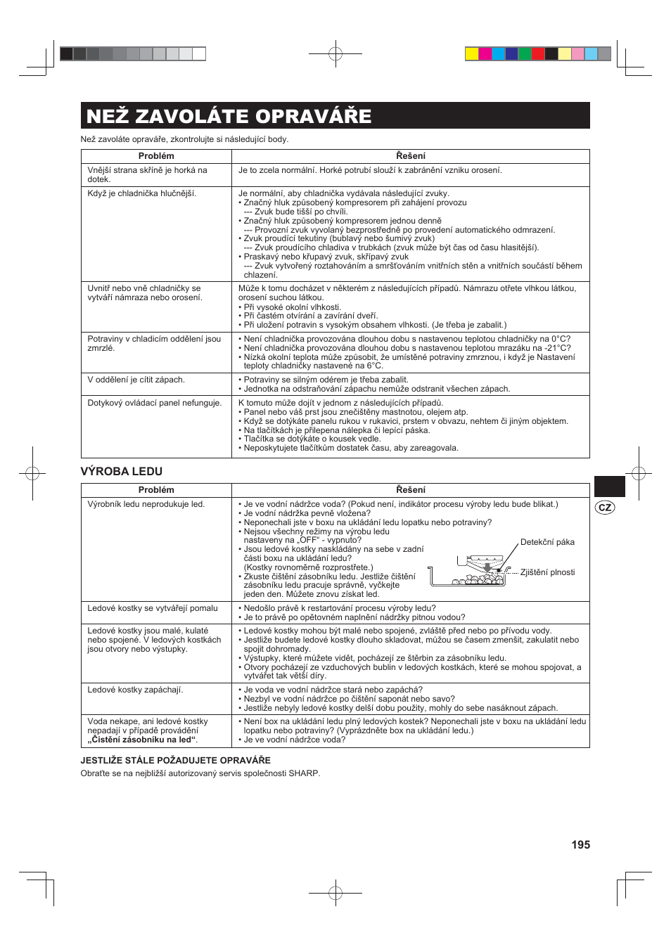 Než zavoláte opraváře, Výroba ledu | Sharp SJ-FS820VSL User Manual | Page 195 / 308