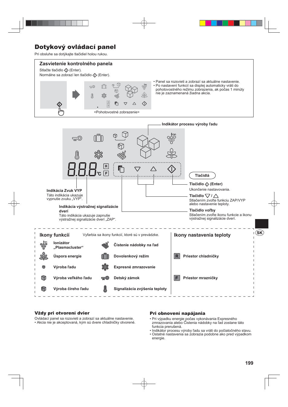 Dotykový ovládací panel, Zasvietenie kontrolného panela, Ikony funkcií | Ikony nastavenia teploty | Sharp SJ-FS820VSL User Manual | Page 199 / 308