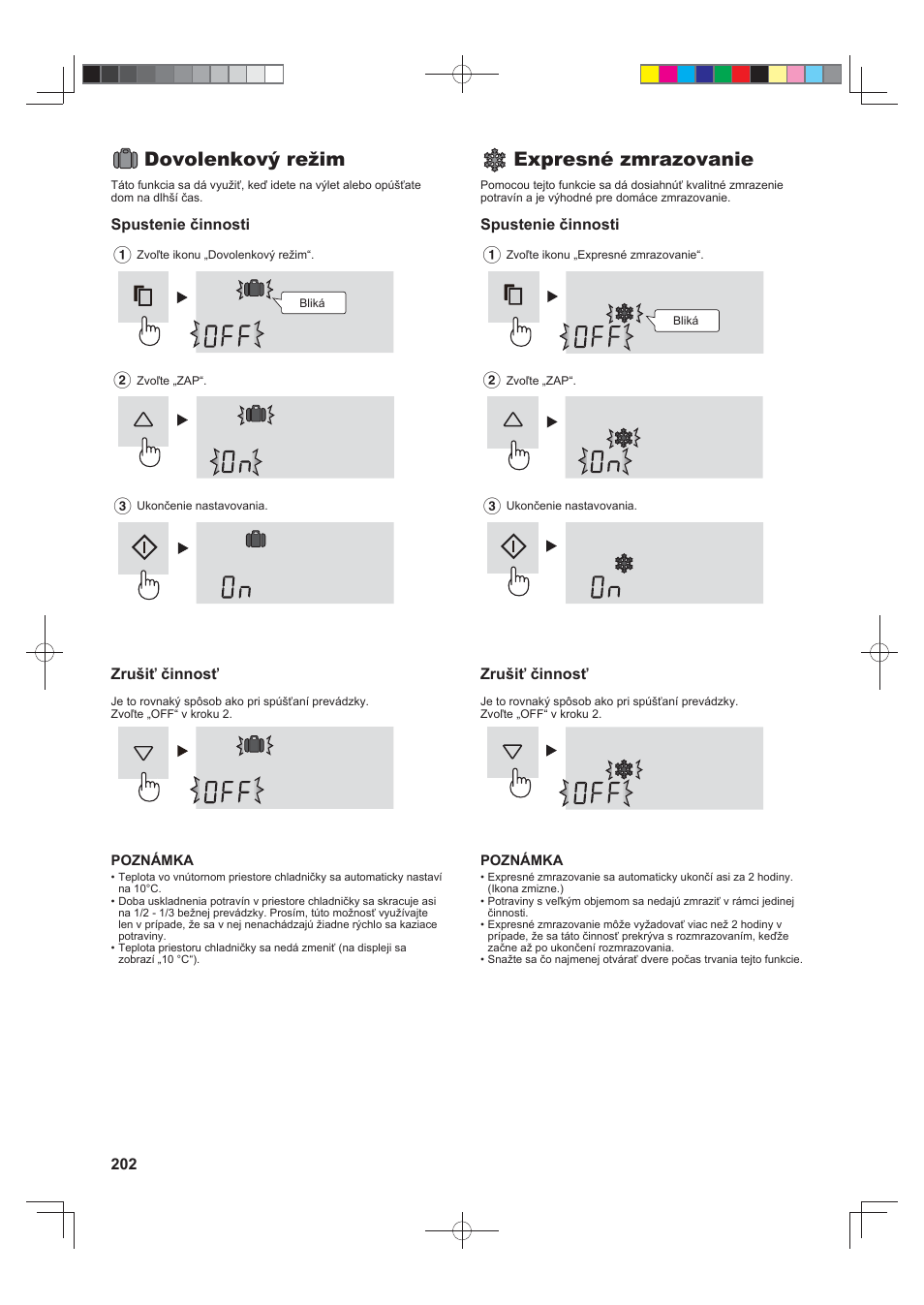 Dovolenkový režim, Expresné zmrazovanie | Sharp SJ-FS820VSL User Manual | Page 202 / 308