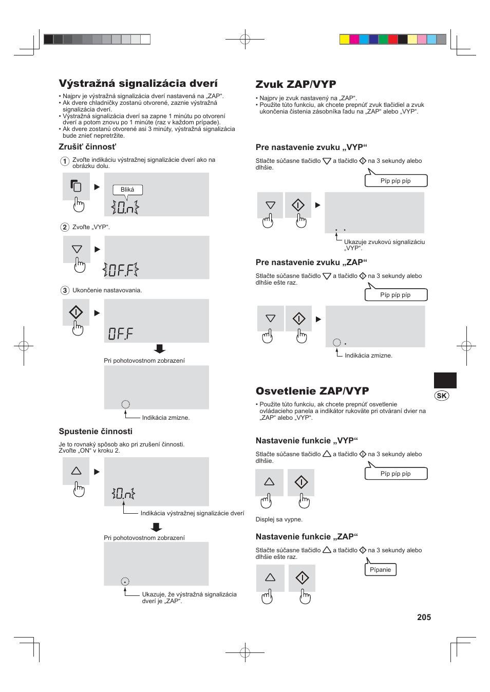 Výstražná signalizácia dverí, Zvuk zap/vyp, Osvetlenie zap/vyp | Sharp SJ-FS820VSL User Manual | Page 205 / 308