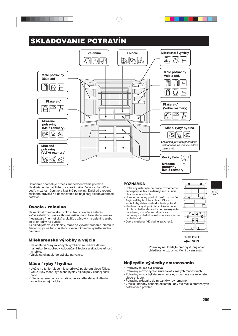 Skladovanie potravín, Ovocie / zelenina, Mliekarenské výrobky a vajcia | Mäso / ryby / hydina, Najlepšie výsledky zmrazovania | Sharp SJ-FS820VSL User Manual | Page 209 / 308