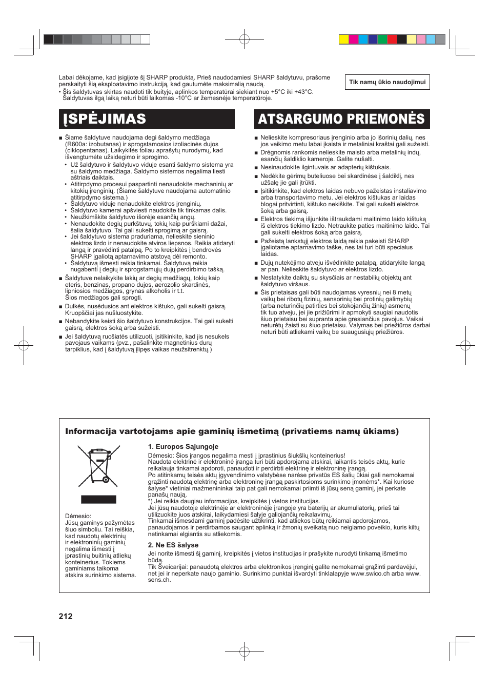Įspėjimas atsargumo priemonės | Sharp SJ-FS820VSL User Manual | Page 212 / 308