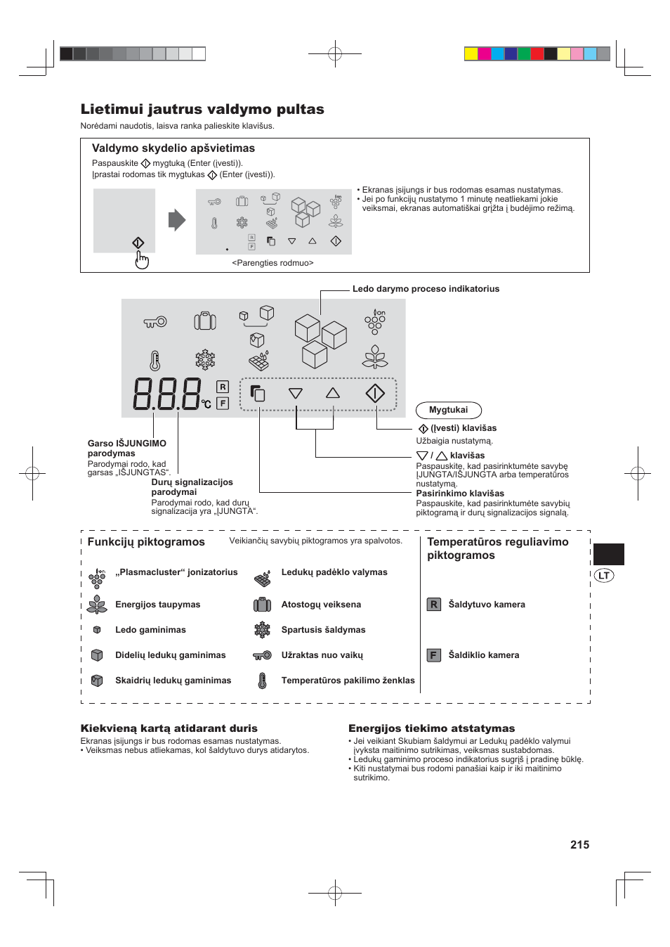 Lietimui jautrus valdymo pultas, Valdymo skydelio apšvietimas, Funkcijų piktogramos | Temperatūros reguliavimo piktogramos | Sharp SJ-FS820VSL User Manual | Page 215 / 308