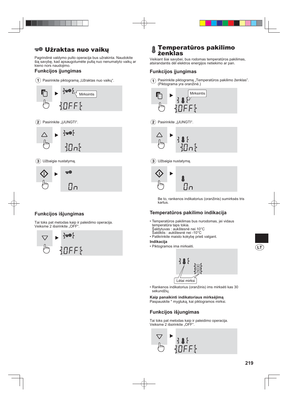 Užraktas nuo vaikų, Temperatūros pakilimo ženklas | Sharp SJ-FS820VSL User Manual | Page 219 / 308