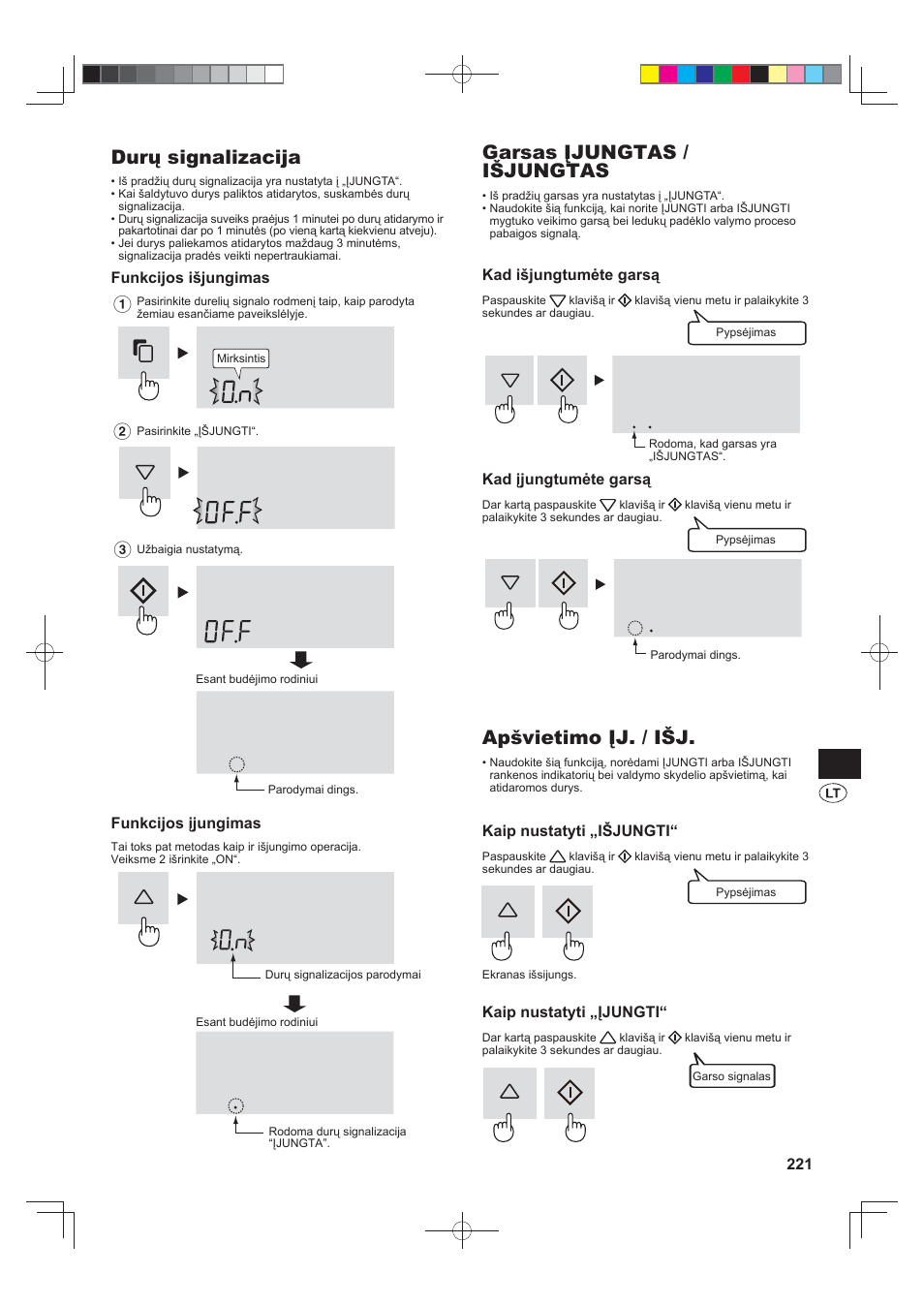 Durų signalizacija, Garsas įjungtas / išjungtas, Apšvietimo įj. / išj | Sharp SJ-FS820VSL User Manual | Page 221 / 308