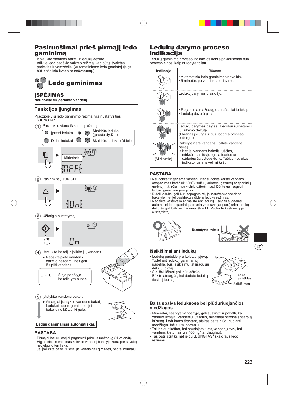 Pasiruošimai prieš pirmąjį ledo gaminimą, Ledo gaminimas, Ledukų darymo proceso indikacija | Įspėjimas, Funkcijos įjungimas | Sharp SJ-FS820VSL User Manual | Page 223 / 308