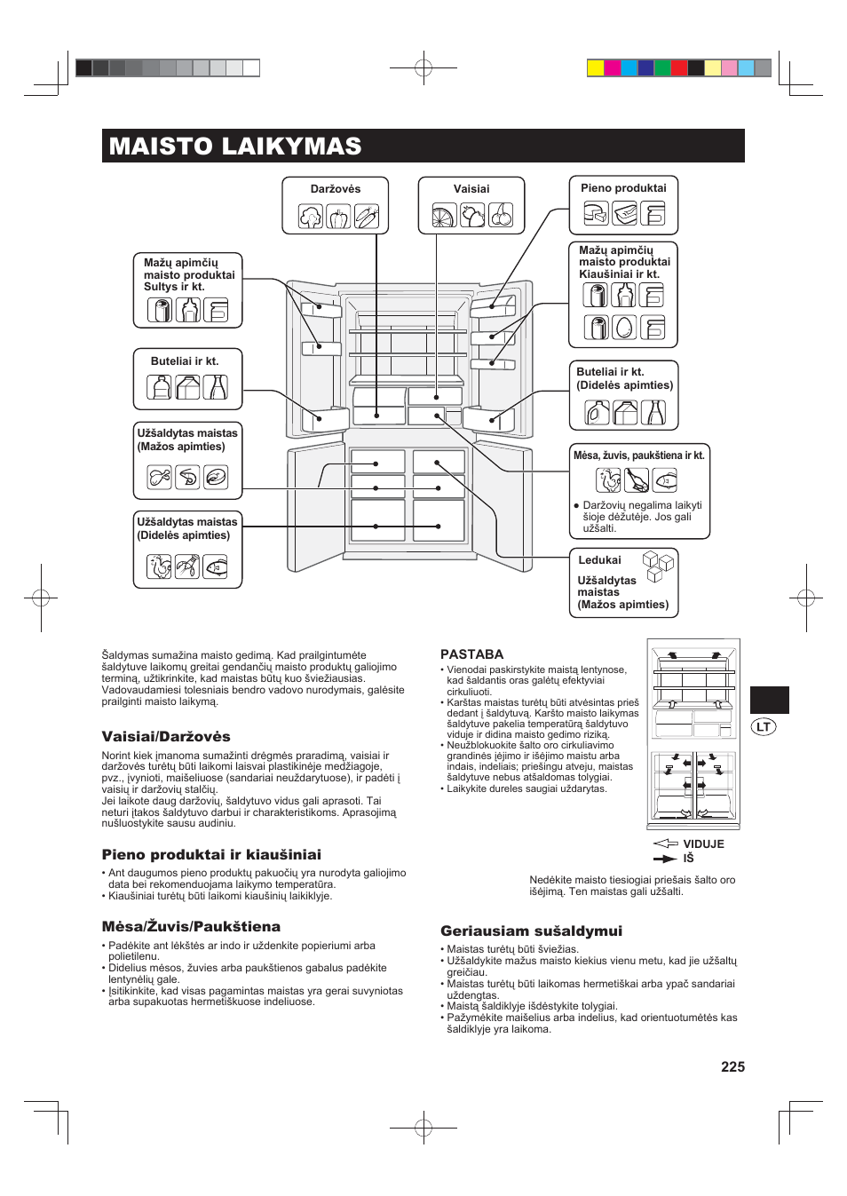 Maisto laikymas, Vaisiai/daržovės, Pieno produktai ir kiaušiniai | Mėsa/žuvis/paukštiena, Geriausiam sušaldymui | Sharp SJ-FS820VSL User Manual | Page 225 / 308