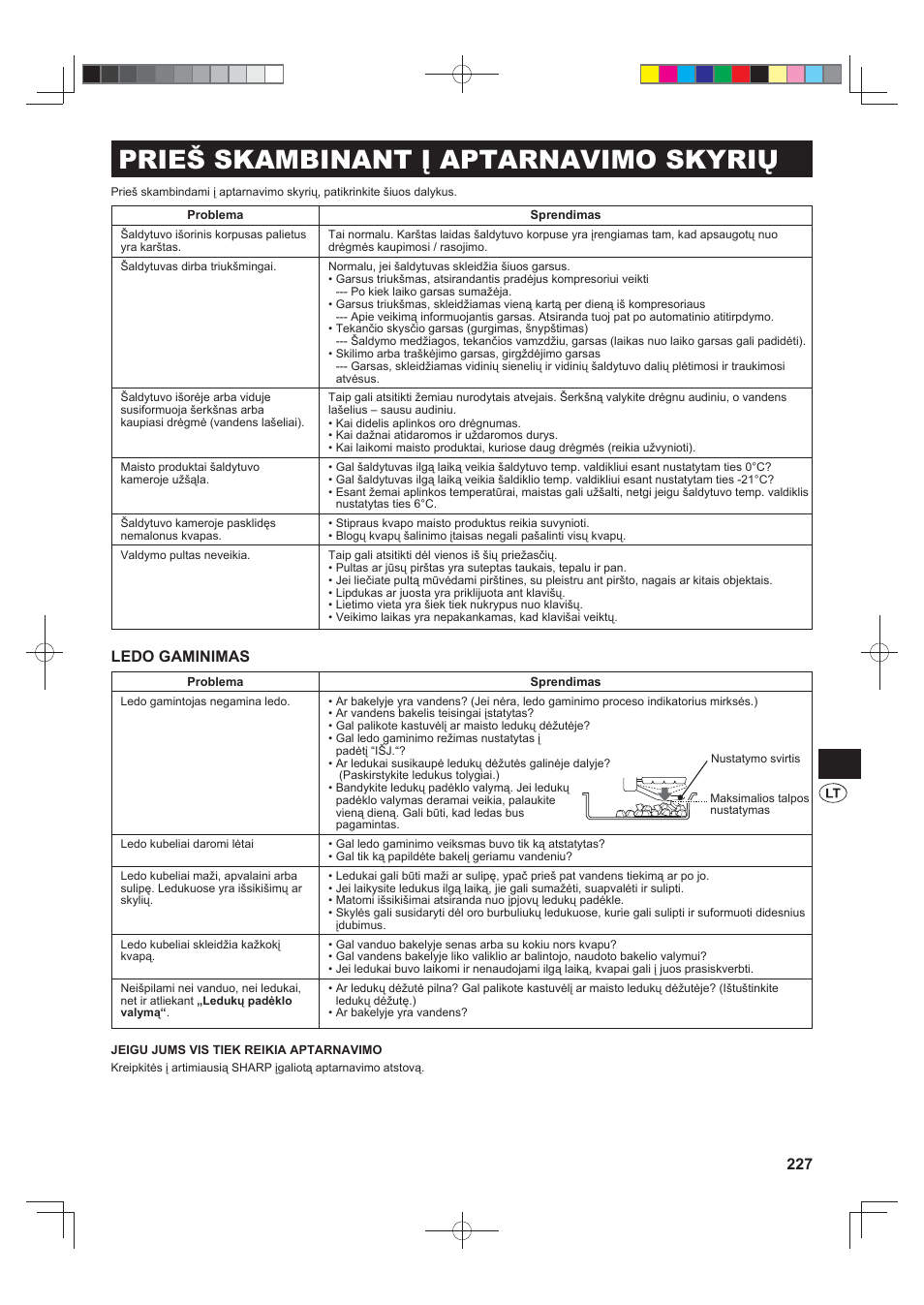 Prieš skambinant į aptarnavimo skyrių, Ledo gaminimas | Sharp SJ-FS820VSL User Manual | Page 227 / 308