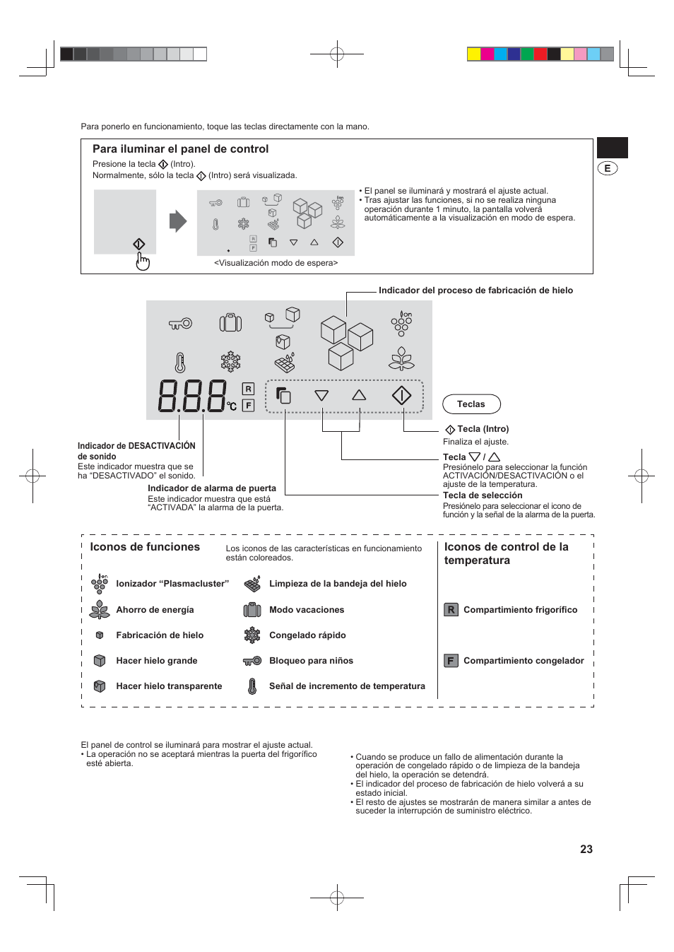 Panel de control táctil, Para iluminar el panel de control, Iconos de funciones | Iconos de control de la temperatura | Sharp SJ-FS820VSL User Manual | Page 23 / 308