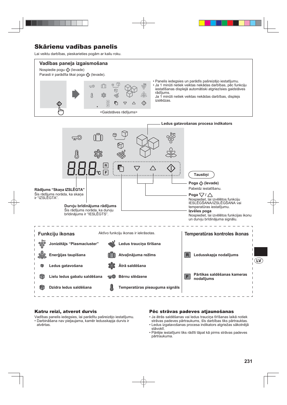 Skārienu vadības panelis, Vadības paneļa izgaismošana, Funkciju ikonas | Temperatūras kontroles ikonas | Sharp SJ-FS820VSL User Manual | Page 231 / 308