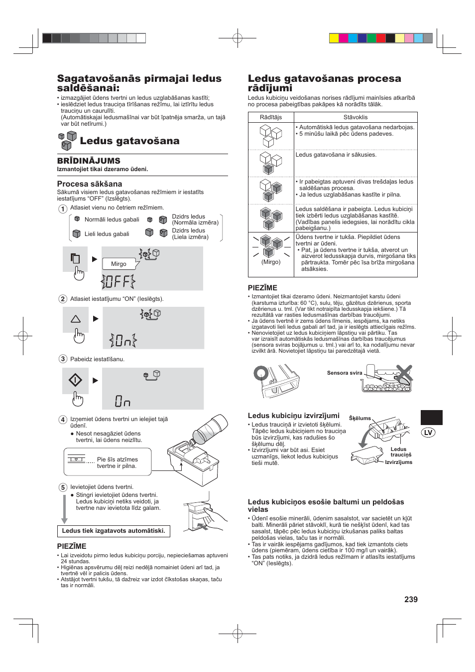 Sagatavošanās pirmajai ledus saldēšanai, Ledus gatavošana, Ledus gatavošanas procesa rādījumi | Brīdinājums, Procesa sākšana | Sharp SJ-FS820VSL User Manual | Page 239 / 308