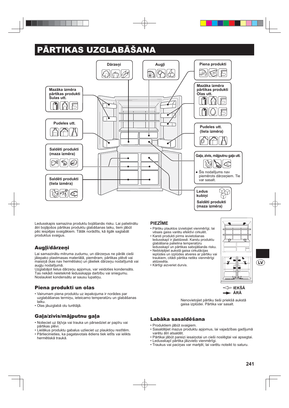 Pārtikas uzglabāšana, Augļi/dārzeņi, Piena produkti un olas | Gaļa/zivis/mājputnu gaļa, Labāka sasaldēšana | Sharp SJ-FS820VSL User Manual | Page 241 / 308