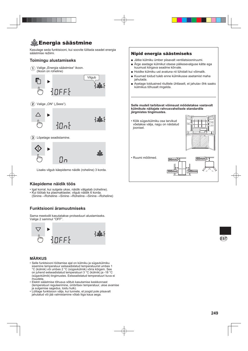 Energia säästmine, Toimingu alustamiseks, Käepideme näidik töös | Funktsiooni äramuutmiseks, Nipid energia säästmiseks | Sharp SJ-FS820VSL User Manual | Page 249 / 308