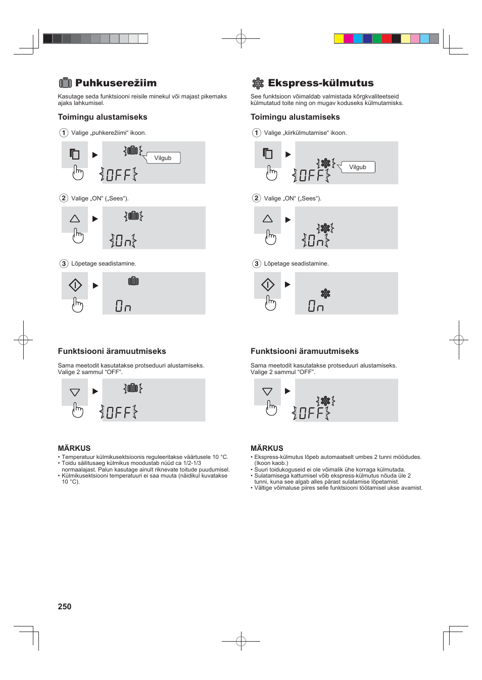 Puhkuserežiim, Ekspress-külmutus | Sharp SJ-FS820VSL User Manual | Page 250 / 308