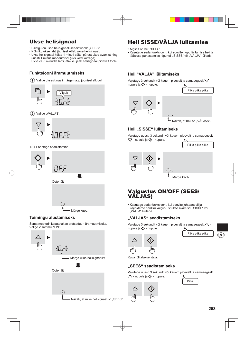 Ukse helisignaal, Heli sisse/välja lülitamine, Valgustus on/off (sees/ väljas) | Sharp SJ-FS820VSL User Manual | Page 253 / 308