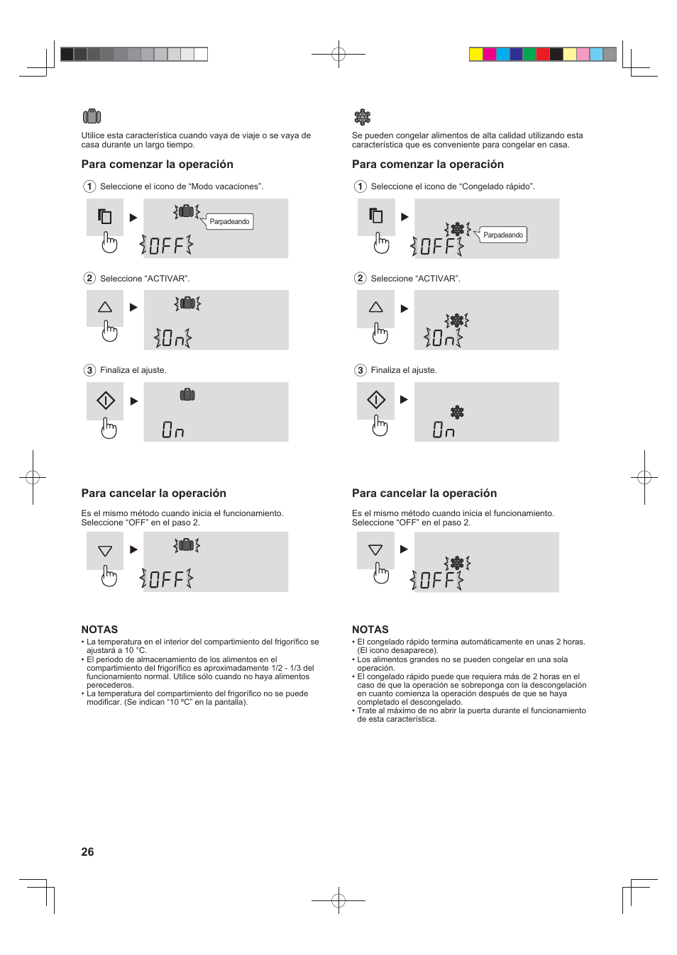 Modo vacaciones, Congelado rápido, Para comenzar la operación | Para cancelar la operación | Sharp SJ-FS820VSL User Manual | Page 26 / 308