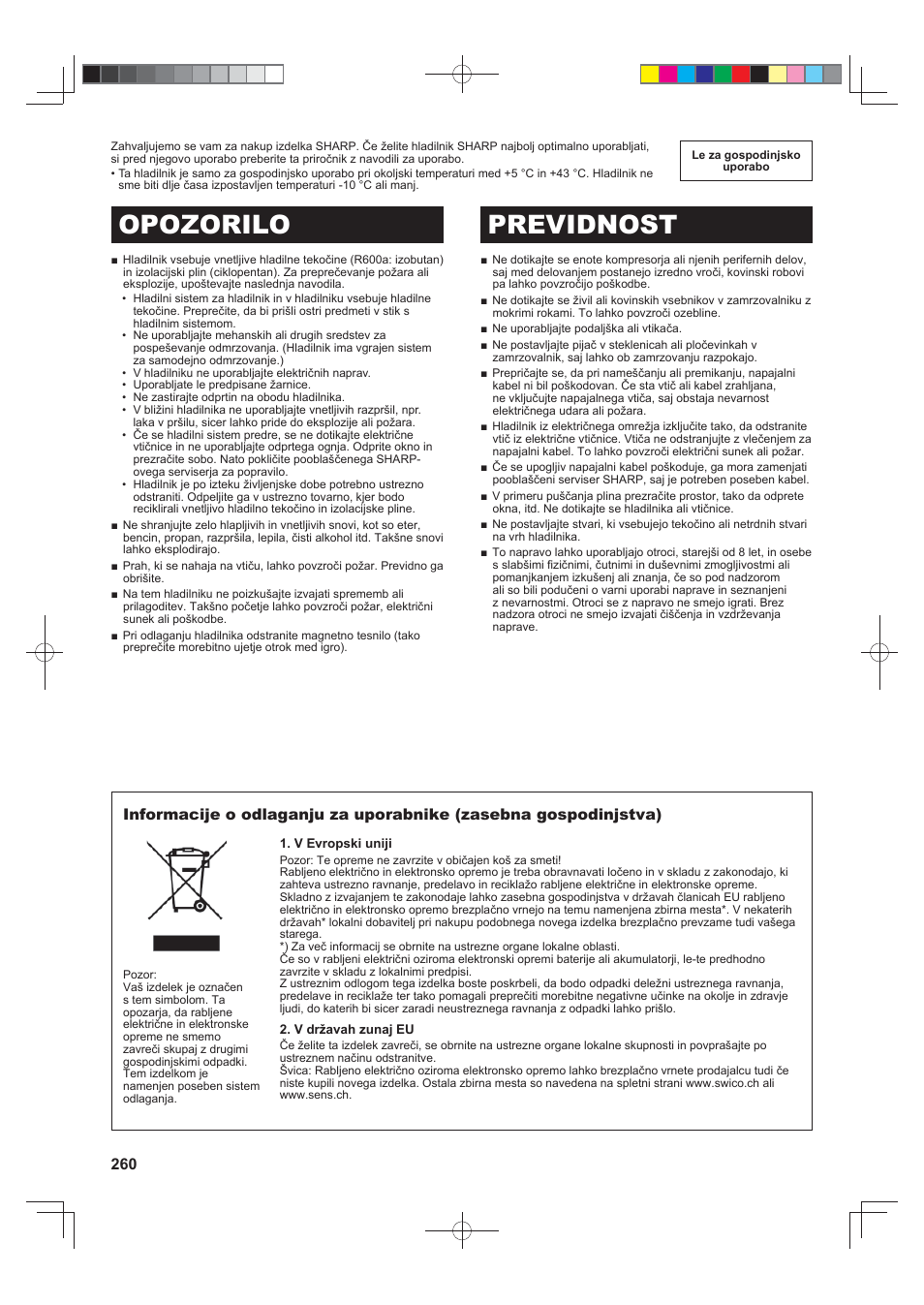 Opozorilo previdnost | Sharp SJ-FS820VSL User Manual | Page 260 / 308