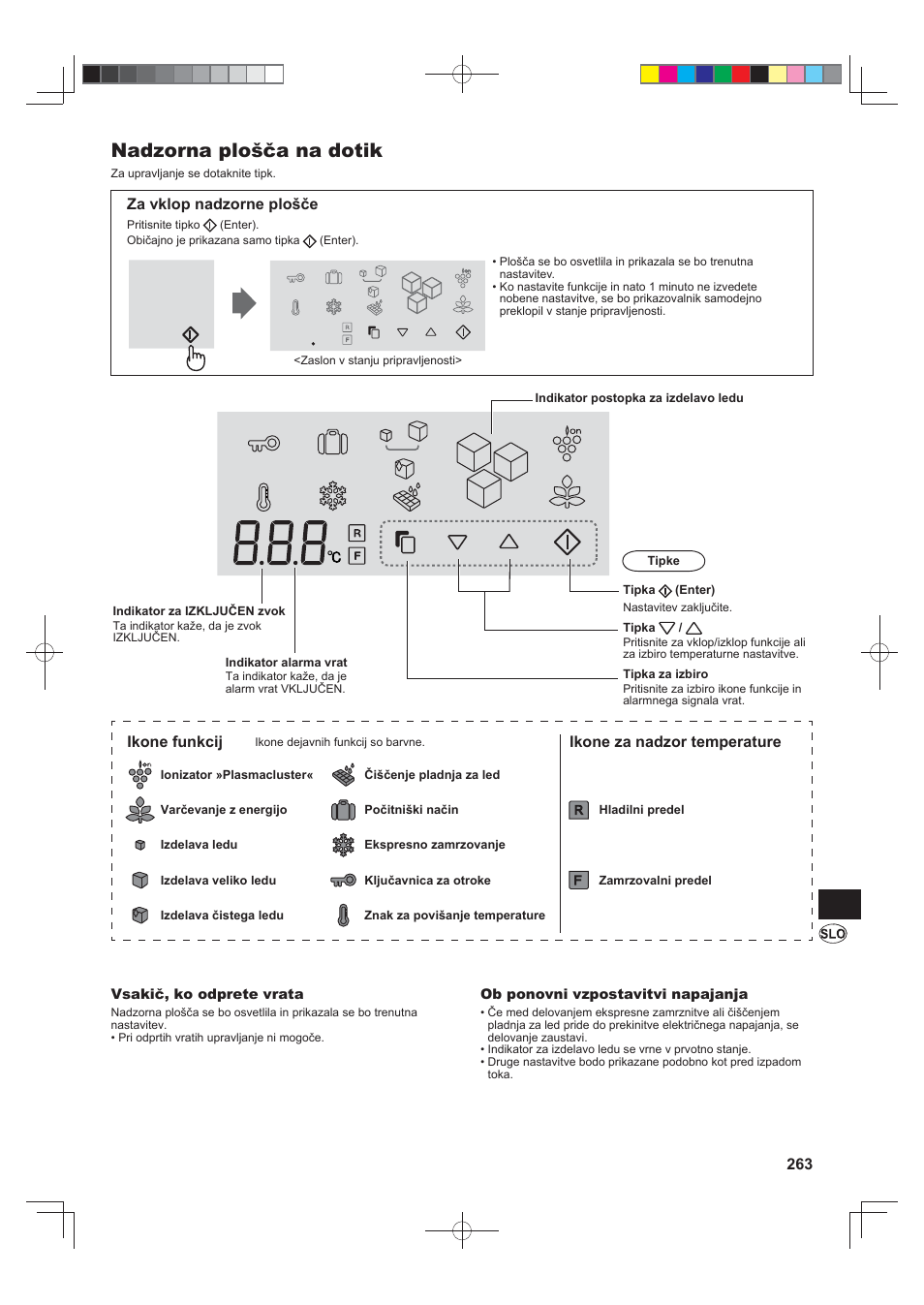 Nadzorna plošča na dotik, Za vklop nadzorne plošče, Ikone funkcij | Ikone za nadzor temperature | Sharp SJ-FS820VSL User Manual | Page 263 / 308