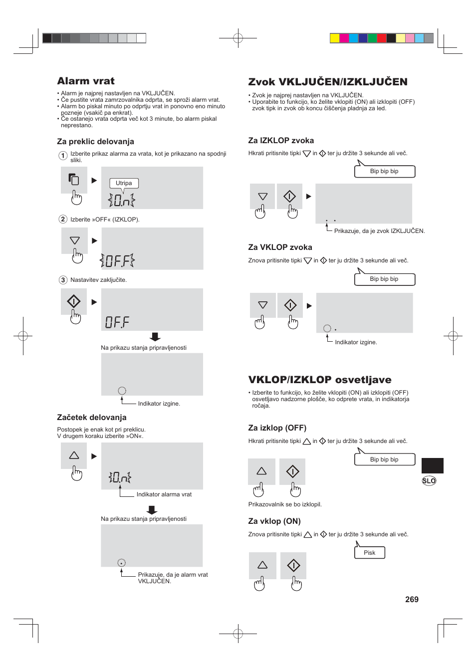 Alarm vrat, Zvok vključen/izključen, Vklop/izklop osvetljave | Sharp SJ-FS820VSL User Manual | Page 269 / 308