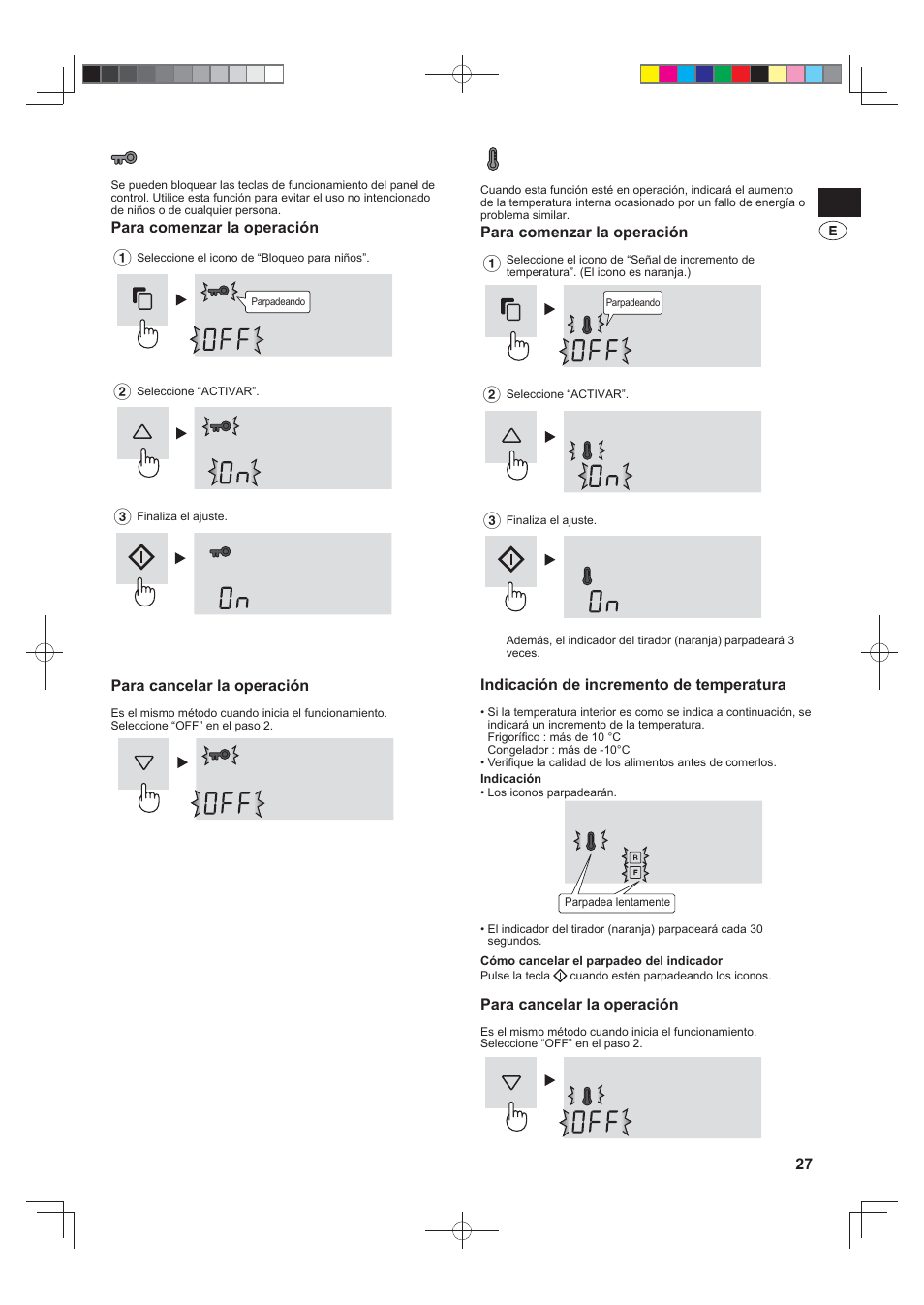 Bloqueo para niños, Señal de incremento de temperatura | Sharp SJ-FS820VSL User Manual | Page 27 / 308