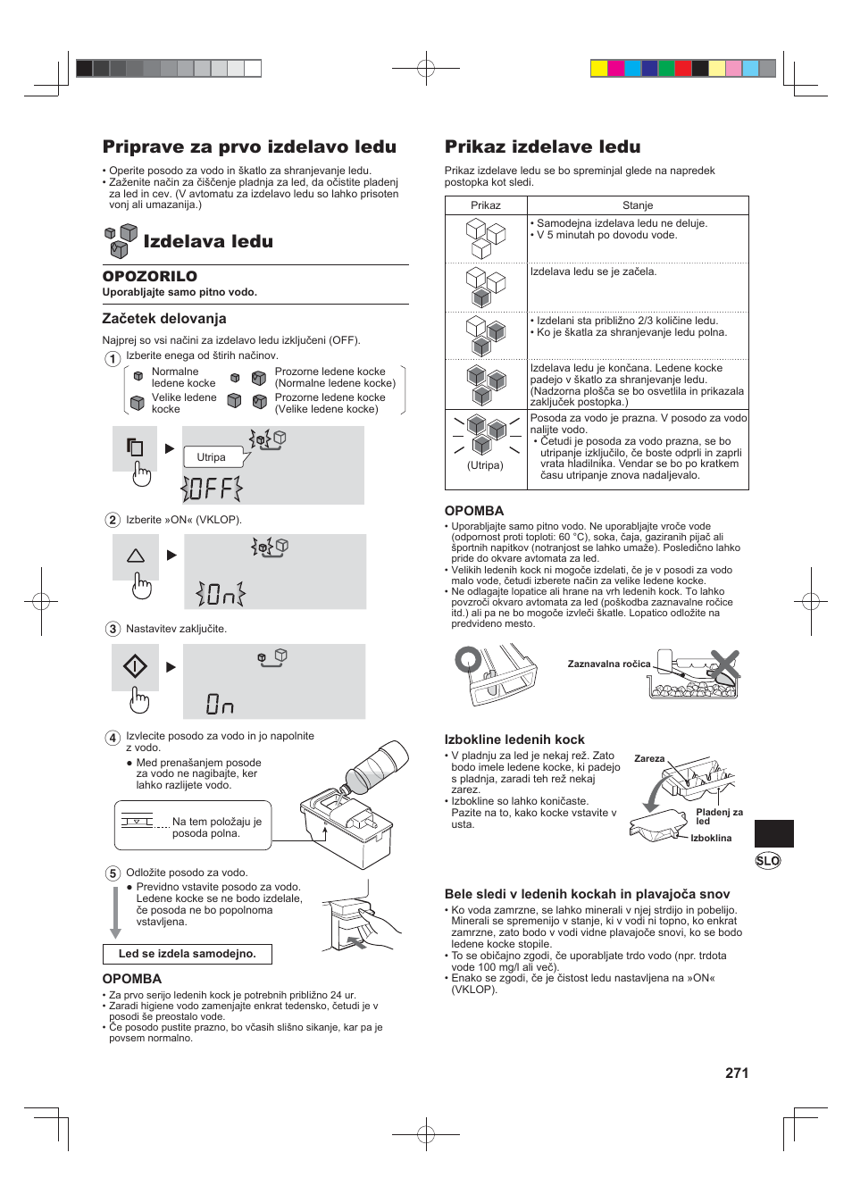 Priprave za prvo izdelavo ledu, Izdelava ledu, Prikaz izdelave ledu | Opozorilo, Začetek delovanja | Sharp SJ-FS820VSL User Manual | Page 271 / 308