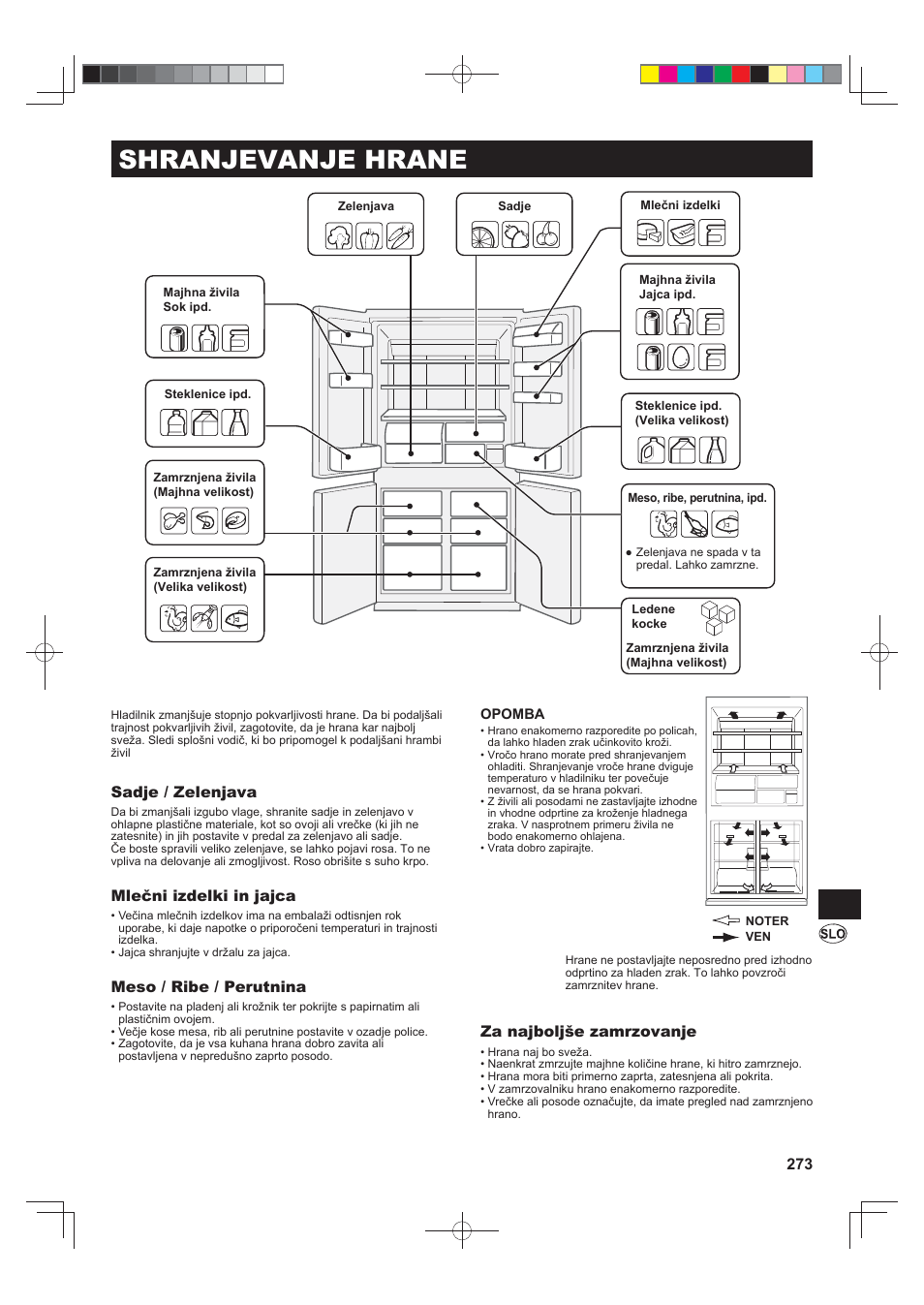 Shranjevanje hrane, Sadje / zelenjava, Mlečni izdelki in jajca | Meso / ribe / perutnina, Za najboljše zamrzovanje | Sharp SJ-FS820VSL User Manual | Page 273 / 308