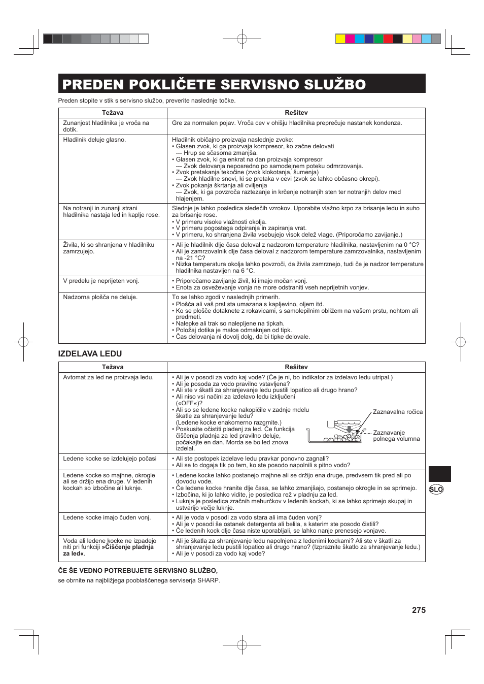 Preden pokličete servisno službo, Izdelava ledu | Sharp SJ-FS820VSL User Manual | Page 275 / 308