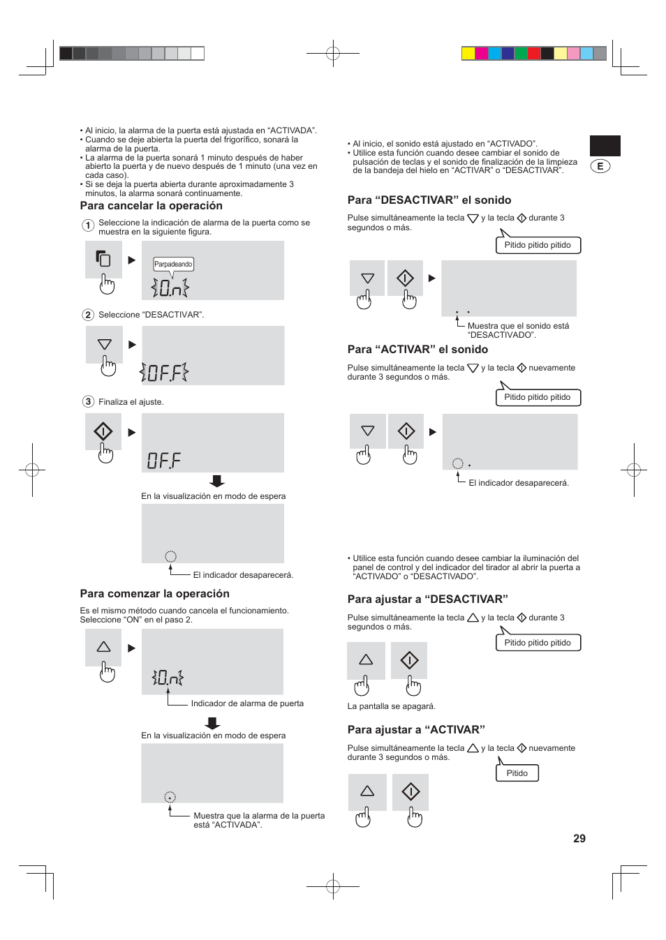 Alarma de la puerta, Sonido activado/ desactivado, Iluminación activada/ desactivada | Sharp SJ-FS820VSL User Manual | Page 29 / 308
