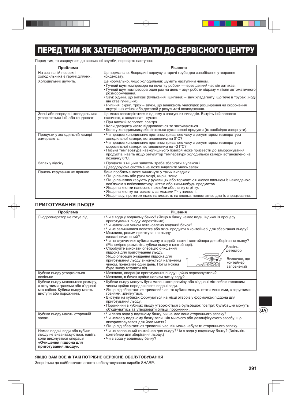 Перед тим як зателефонувати до сервісного центру, Приготування льоду | Sharp SJ-FS820VSL User Manual | Page 291 / 308
