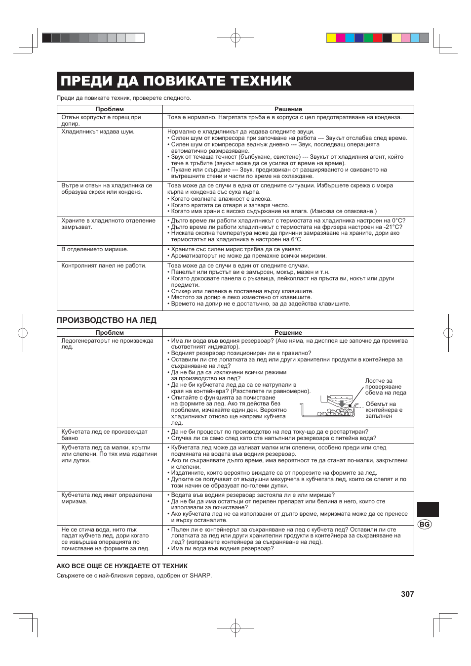 Преди да повикате техник, Производство на лед | Sharp SJ-FS820VSL User Manual | Page 307 / 308