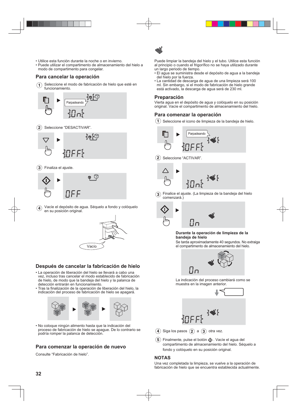 Cancelación del modo de fabricación de hielo, Limpieza de la bandeja del hielo | Sharp SJ-FS820VSL User Manual | Page 32 / 308