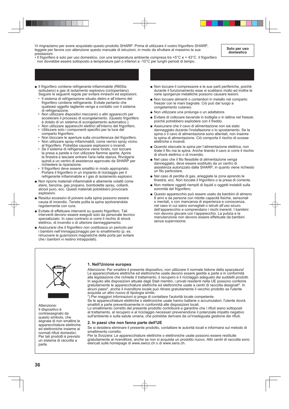 Avvertenze attenzione | Sharp SJ-FS820VSL User Manual | Page 36 / 308