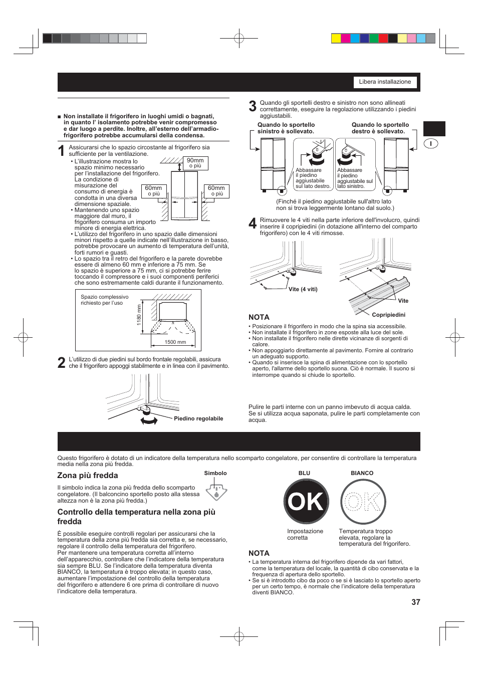 Installazione, Indicatore della temperatura, 37 avvertenze | Prima di usare il frigorifero, Zona più fredda, Controllo della temperatura nella zona più fredda | Sharp SJ-FS820VSL User Manual | Page 37 / 308