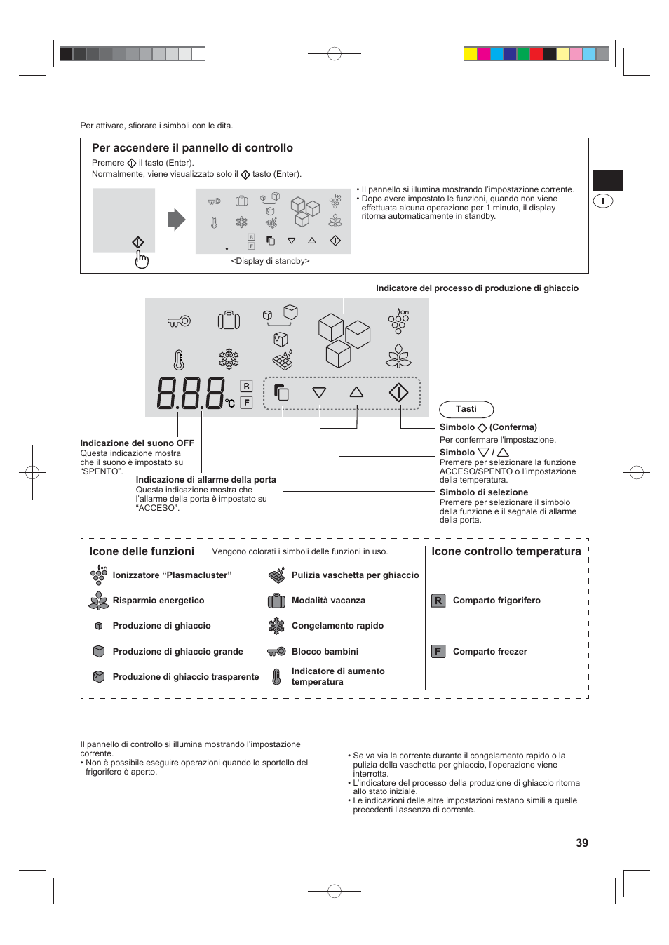 Pannello di controllo lcd a sfi oramento, Per accendere il pannello di controllo, Icone delle funzioni | Icone controllo temperatura | Sharp SJ-FS820VSL User Manual | Page 39 / 308