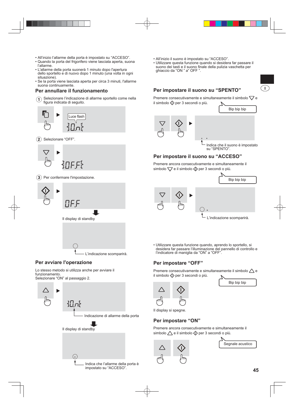 Allarme porte, Suono acceso/spento, Illuminazione on/off | Sharp SJ-FS820VSL User Manual | Page 45 / 308