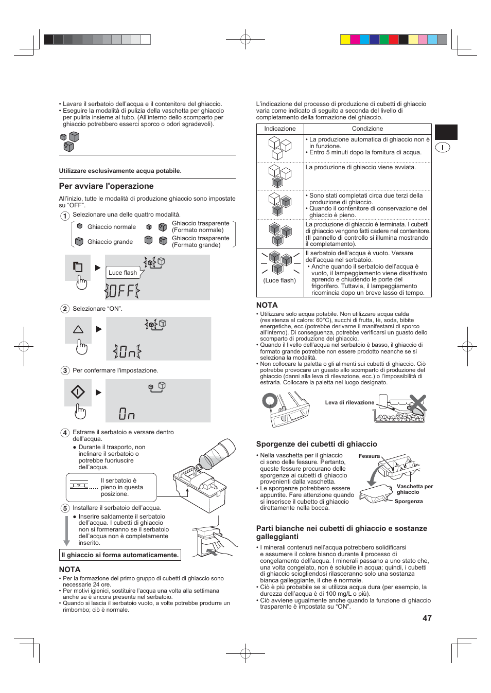 Produzione ghiaccio, Indicazione del processo di produzione di ghiaccio, Avvertenze | Per avviare l'operazione | Sharp SJ-FS820VSL User Manual | Page 47 / 308