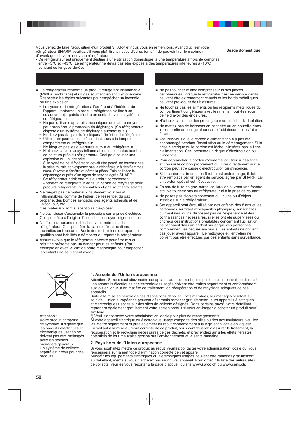 Avertissement attention | Sharp SJ-FS820VSL User Manual | Page 52 / 308