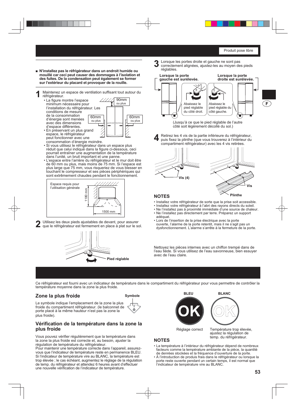 Installation, Indicateur de température, 53 avertissement | Avant d’utiliser votre réfrigérateur, Zone la plus froide | Sharp SJ-FS820VSL User Manual | Page 53 / 308