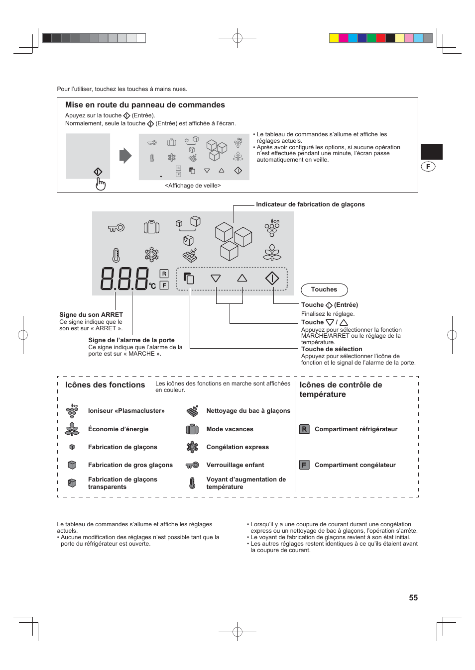 Panneau de commande tactile, Mise en route du panneau de commandes, Icônes des fonctions | Icônes de contrôle de température | Sharp SJ-FS820VSL User Manual | Page 55 / 308