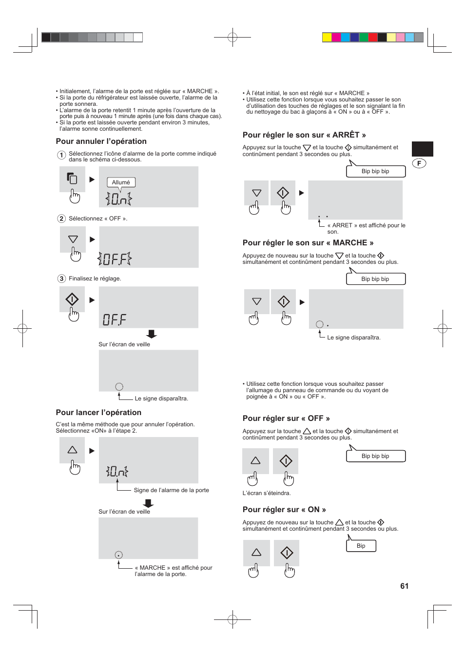 Alarme de la porte, Son marche/arret, Allumage on/off | Sharp SJ-FS820VSL User Manual | Page 61 / 308