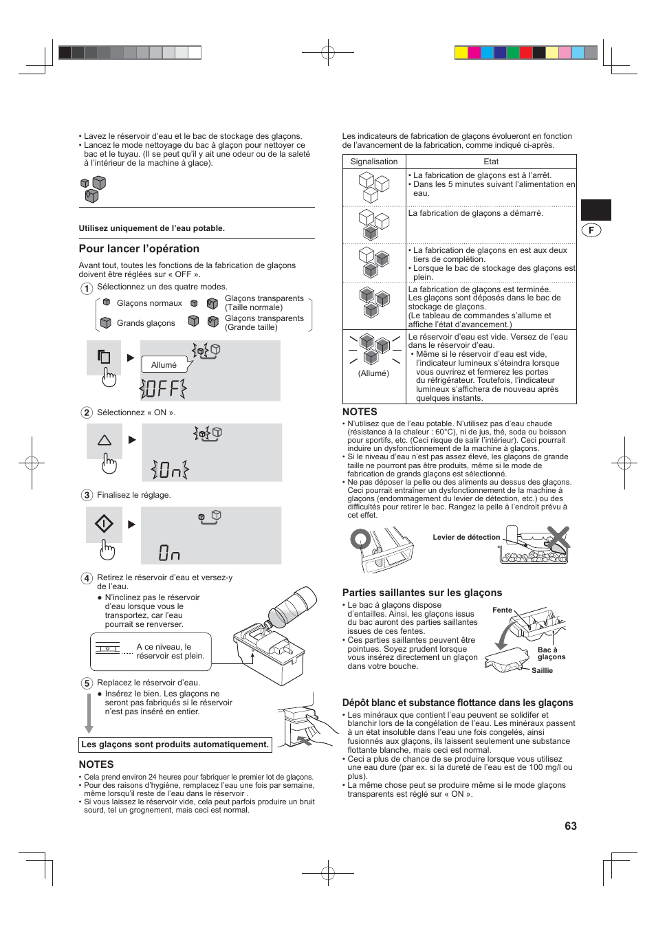 Fabrication de glaçons, Indicateurs de fabrication de glaçons, Avertissement | Pour lancer l’opération | Sharp SJ-FS820VSL User Manual | Page 63 / 308