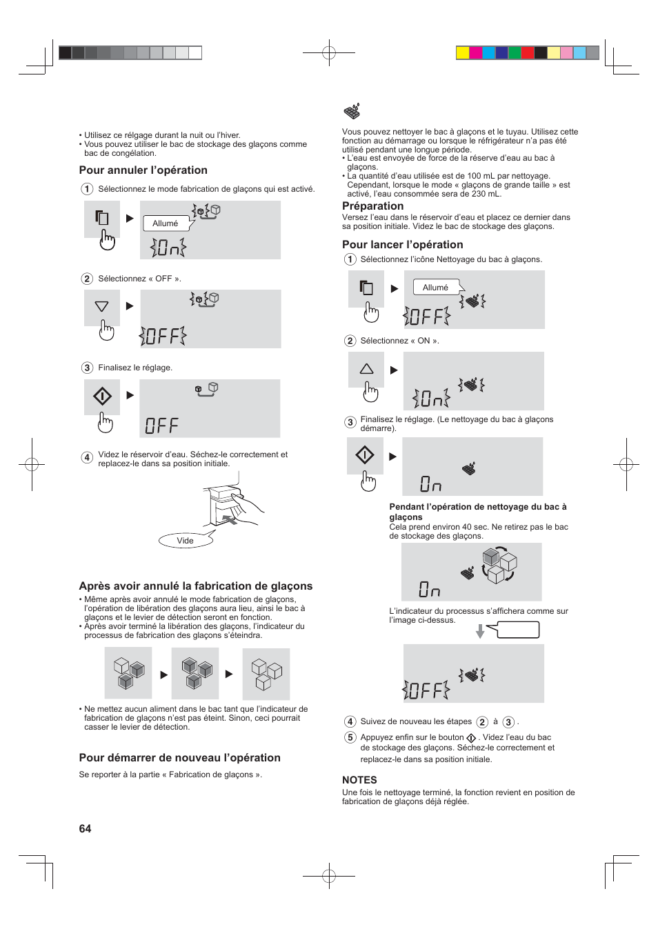 Annuler le mode fabrication de glaçons, Nettoyage du bac à glaçons | Sharp SJ-FS820VSL User Manual | Page 64 / 308