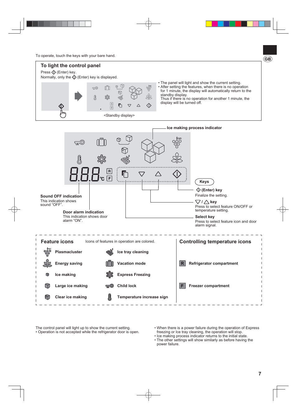 Touch control panel, Feature icons, Controlling temperature icons | Sharp SJ-FS820VSL User Manual | Page 7 / 308