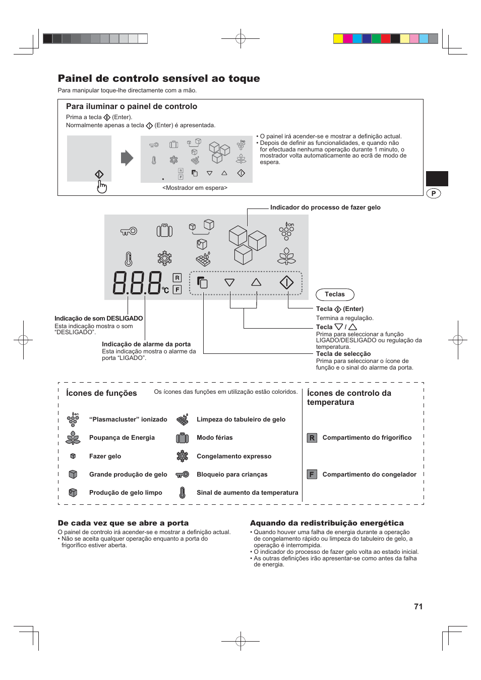 Painel de controlo sensível ao toque, Para iluminar o painel de controlo, Ícones de funções | Ícones de controlo da temperatura | Sharp SJ-FS820VSL User Manual | Page 71 / 308