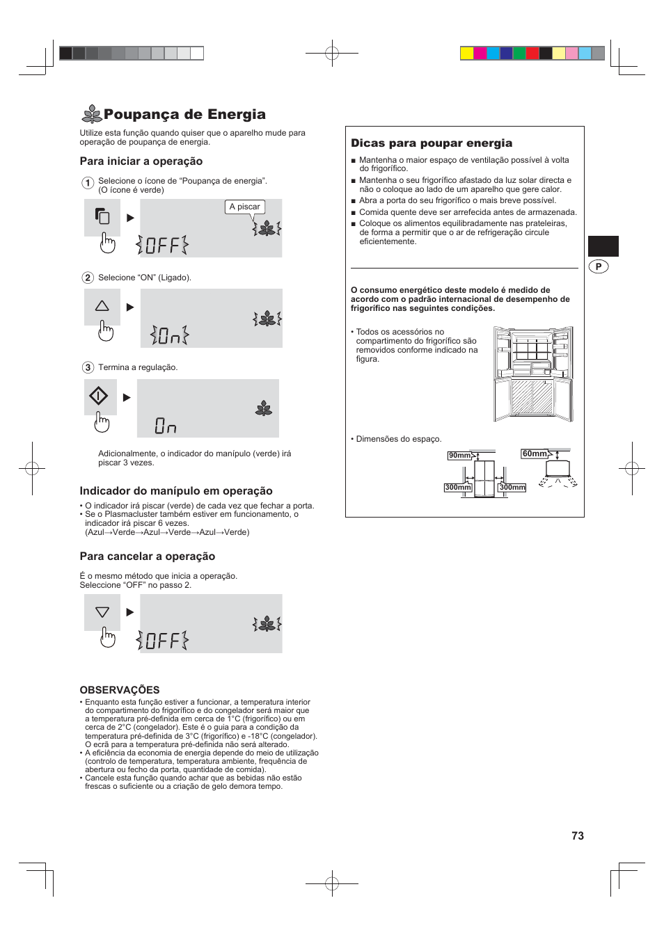 Poupança de energia, Para iniciar a operação, Indicador do manípulo em operação | Para cancelar a operação, Dicas para poupar energia | Sharp SJ-FS820VSL User Manual | Page 73 / 308