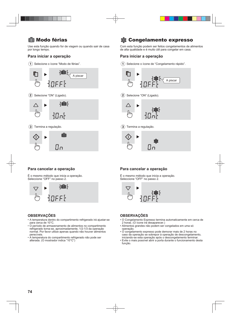Modo férias, Congelamento expresso | Sharp SJ-FS820VSL User Manual | Page 74 / 308