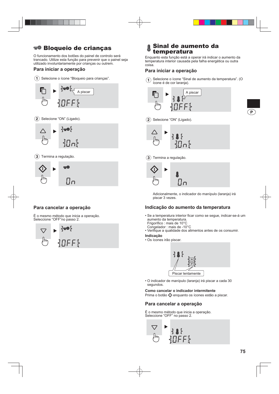 Bloqueio de crianças, Sinal de aumento da temperatura | Sharp SJ-FS820VSL User Manual | Page 75 / 308