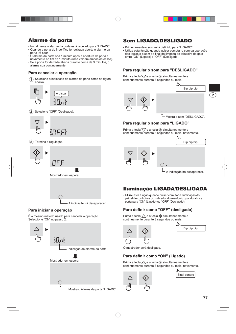Alarme da porta, Som ligado/desligado, Iluminação ligada/desligada | Sharp SJ-FS820VSL User Manual | Page 77 / 308